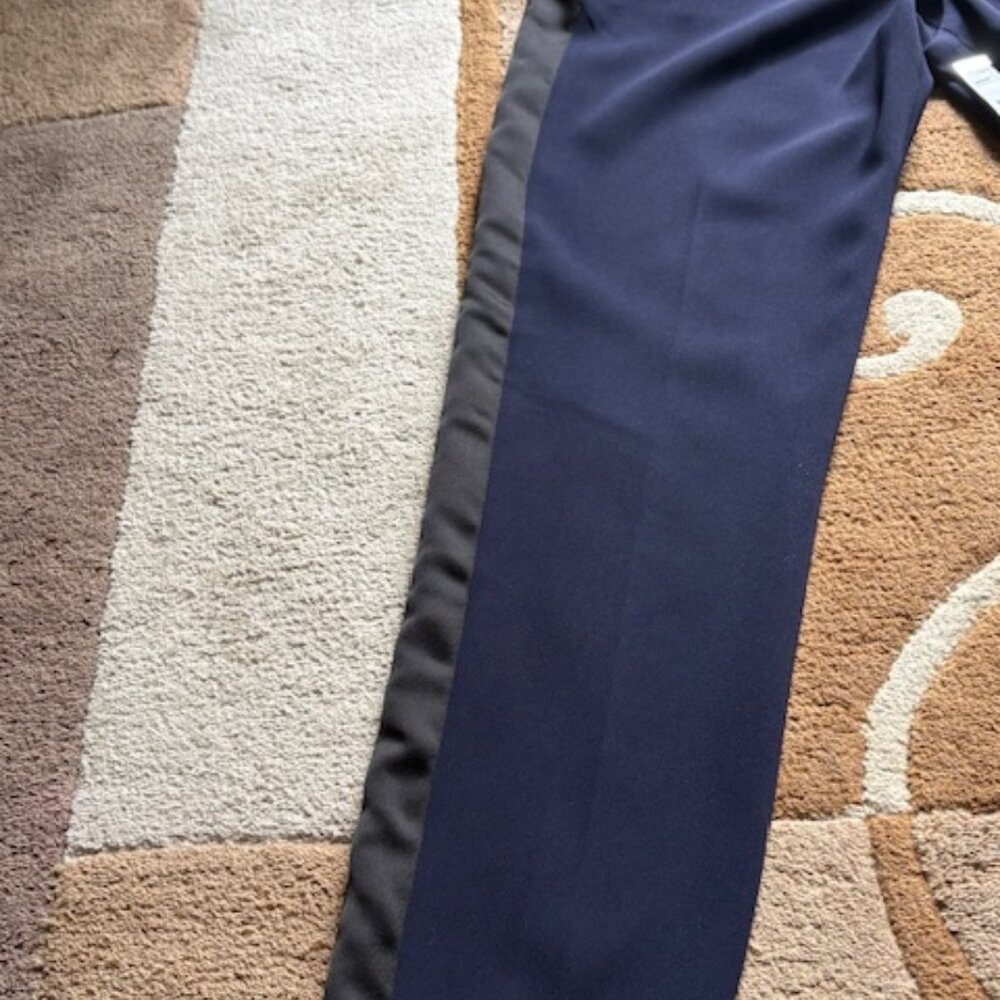 Babaton Blue high waisted  dress pants with a black stripe down the side.